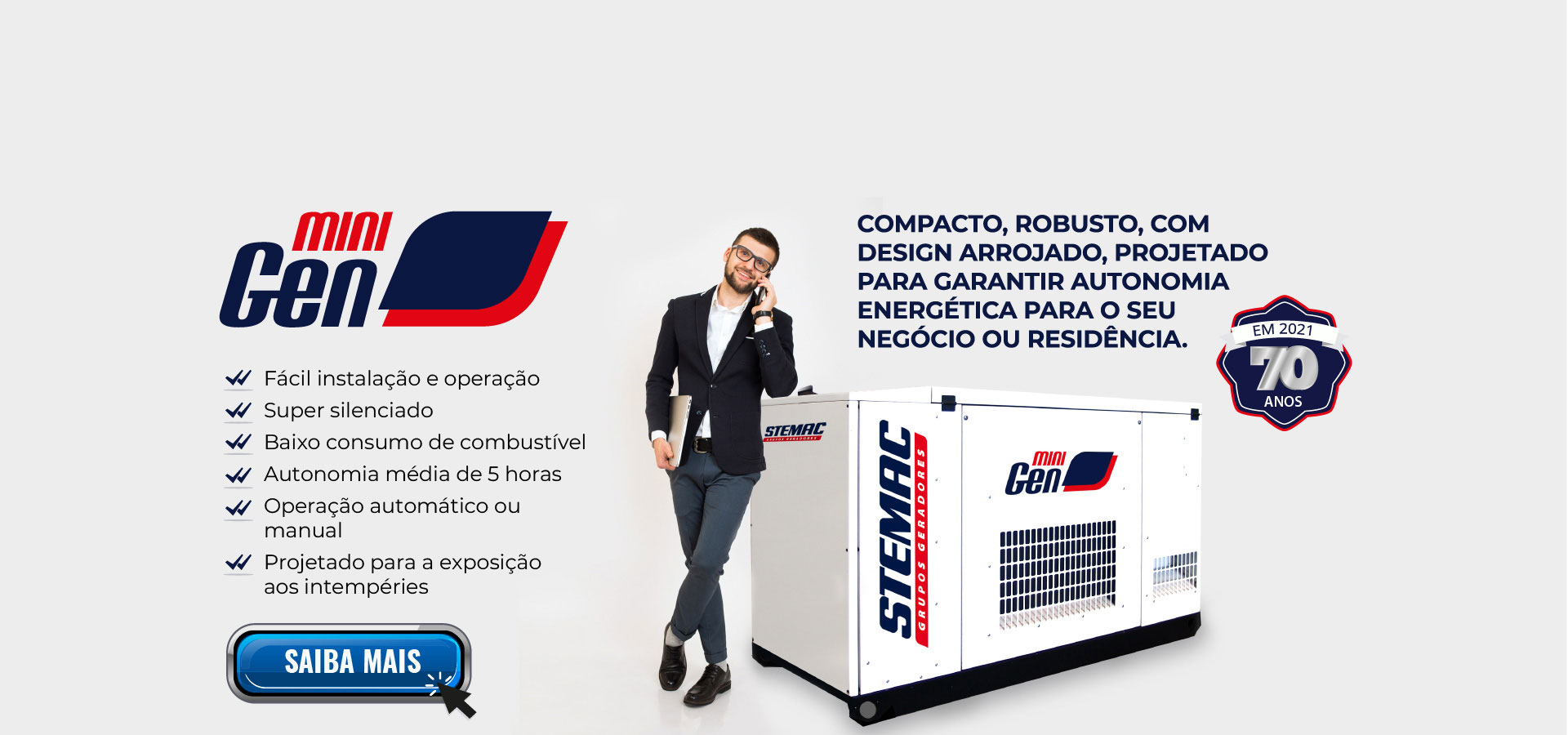  Mini Gen - Compacto, robusto, com design arrojado, projetado para garantir autonomia energética  para o seu negócio ou residência. 